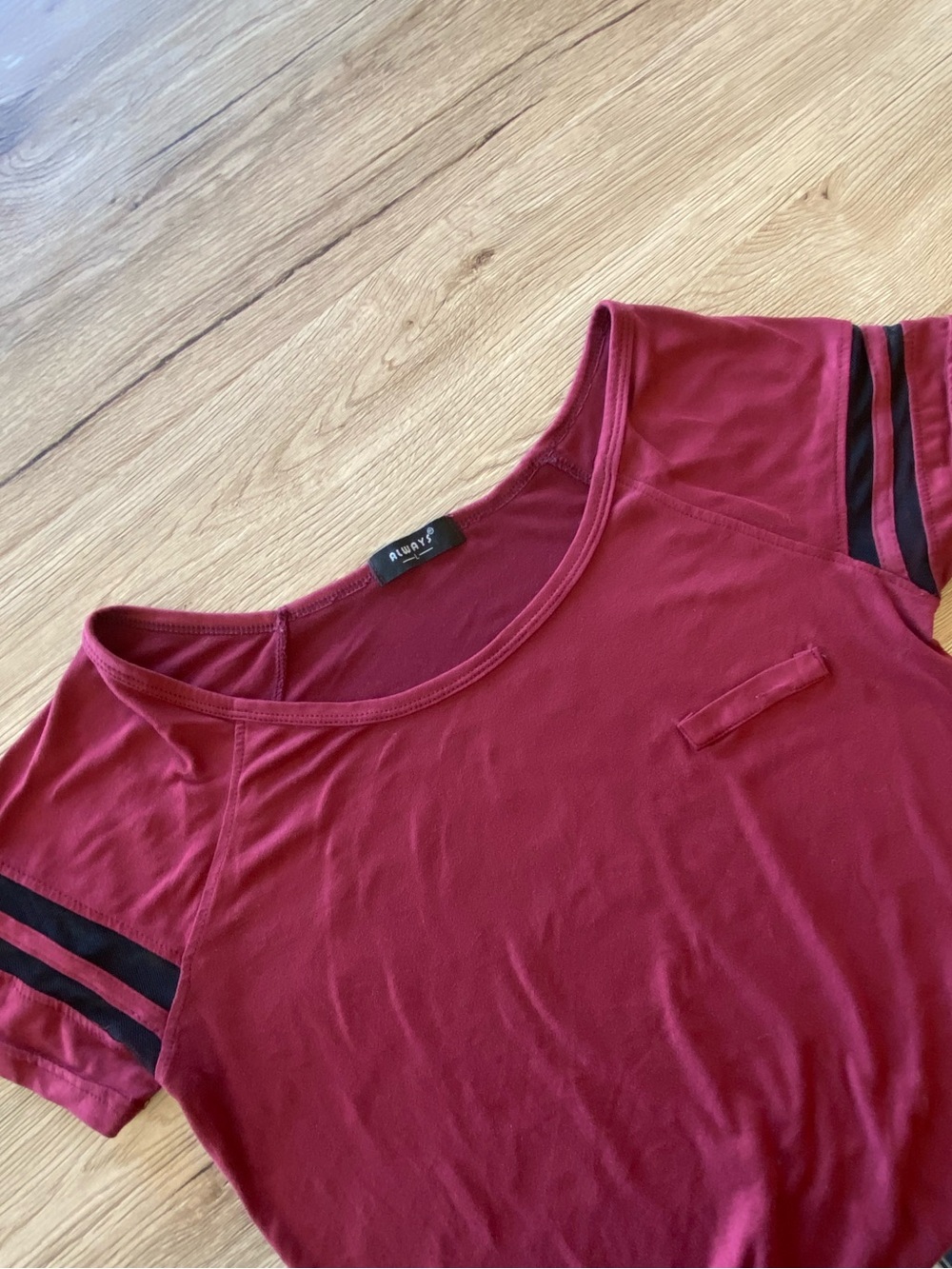 Always Burgundy Short-Sleeve Tee with Black Sleeve Stripes